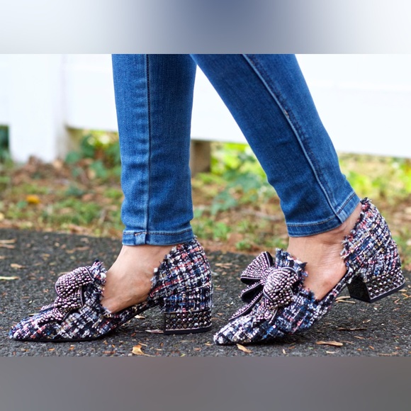 Jeffrey Campbell Valenti Embellished Tweed Bow Loafers 7 - Picture 6 of 6